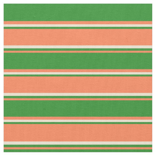 Coral, Forest Green & Beige Stripes Fabric (Close Up)