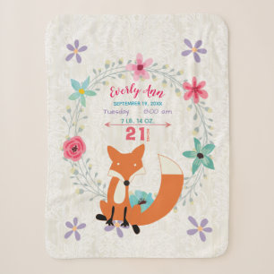 Coral Fox Baby Girl Stats Watercolor Wreath Sherpa Blanket