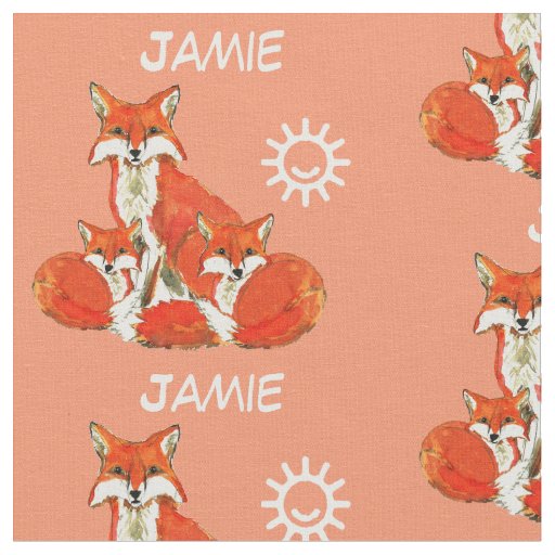 Coral Fox Family Pattern Personalized Name Fabric