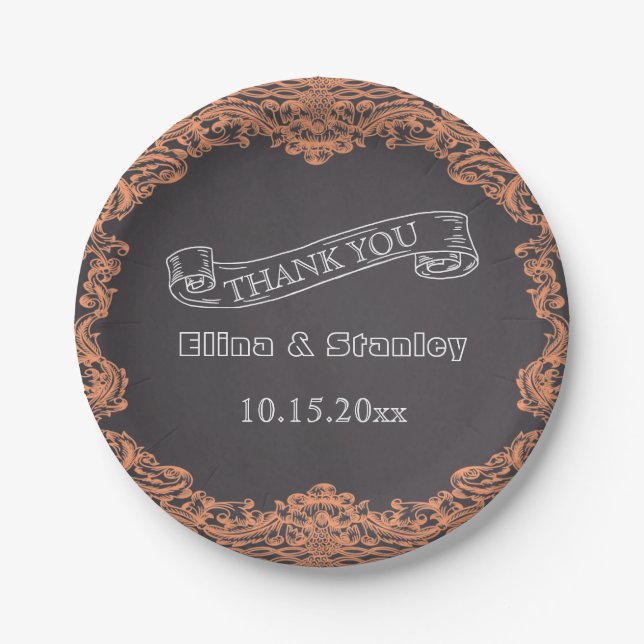 Coral frame and chalkboard wedding Thank You Paper Plates (Front)