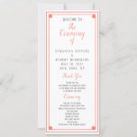 Coral Frame Wedding Ceremony Information Card<br><div class="desc">A coral frame minimalist wedding ceremony details card  that you can make your own by using the "customize this template" option to enter your wedding ceremony information. Coral colored script and gray typography on a white background. Script and text on a clean and simple white background on the reverse.</div>