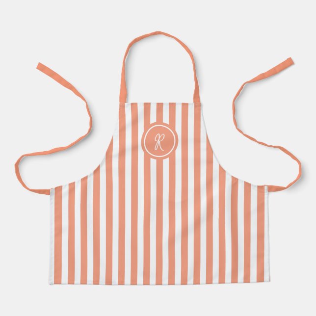 Coral French Beach Stripe Personalized Monogram Apron (Front)