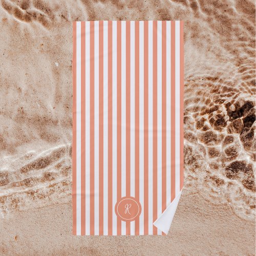 Coral French Beach Stripe Personalized Monogram Beach Towel
