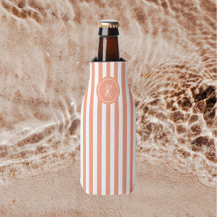 Coral French Beach Stripe Personalized Monogram Bottle Cooler