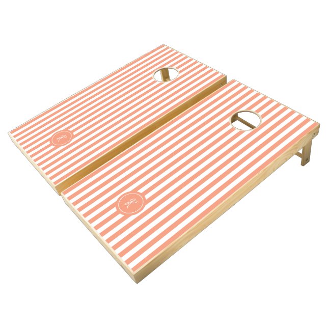 Coral French Beach Stripe Personalized Monogram Cornhole Set (Angled)