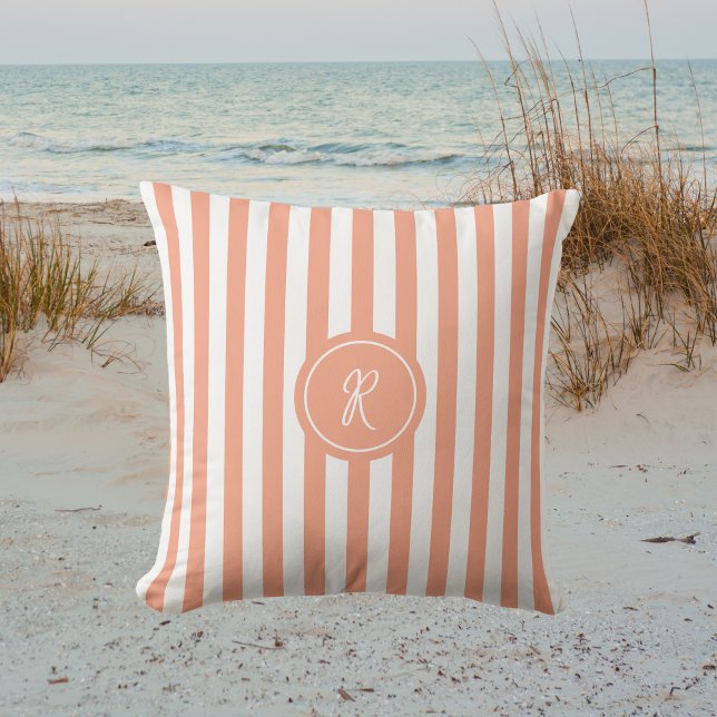 Coral French Beach Stripe Personalized Monogram Outdoor Pillow (Creator Uploaded)
