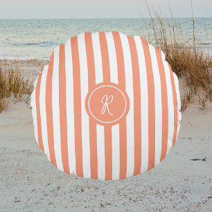 Coral French Beach Stripe Personalized Monogram Round Pillow