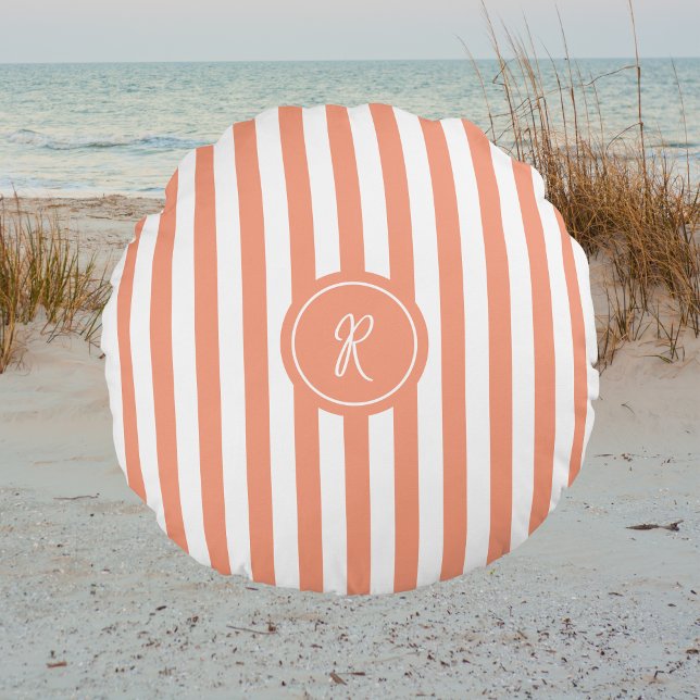 Coral French Beach Stripe Personalized Monogram Round Pillow (Creator Uploaded)