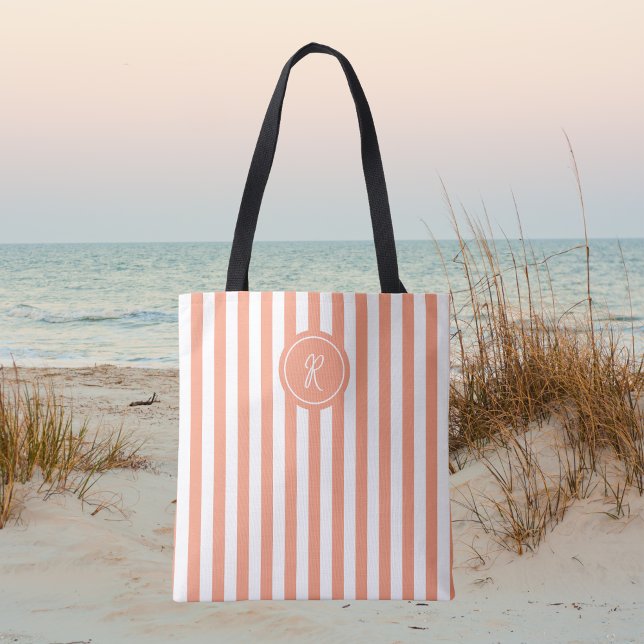 Coral French Beach Stripe Personalized Monogram Tote Bag (Creator Uploaded)
