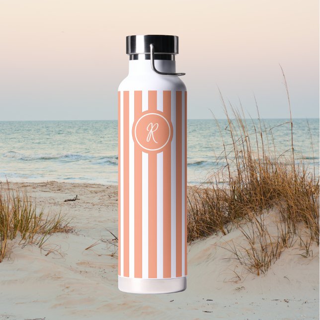Coral French Beach Stripe Personalized Monogram Water Bottle (Creator Uploaded)