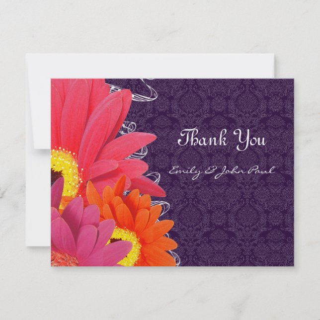 Coral Fuchsia Eggplant Gerber Daisy Thank You Card (Front)