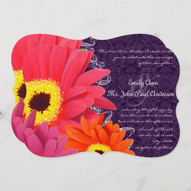 Coral Fuchsia Eggplant Gerber Daisy Wedding Invitation (Front/Back)