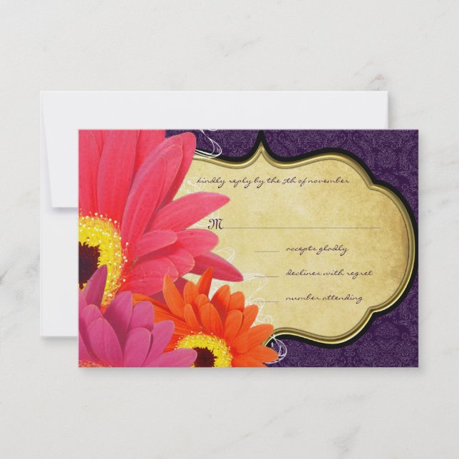 Coral Fuchsia Eggplant Gerber Daisy Wedding RSVP Card (Front)