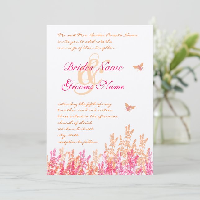 Coral & Fuchsia Floral Bumble Bee Wedding Invites (Standing Front)
