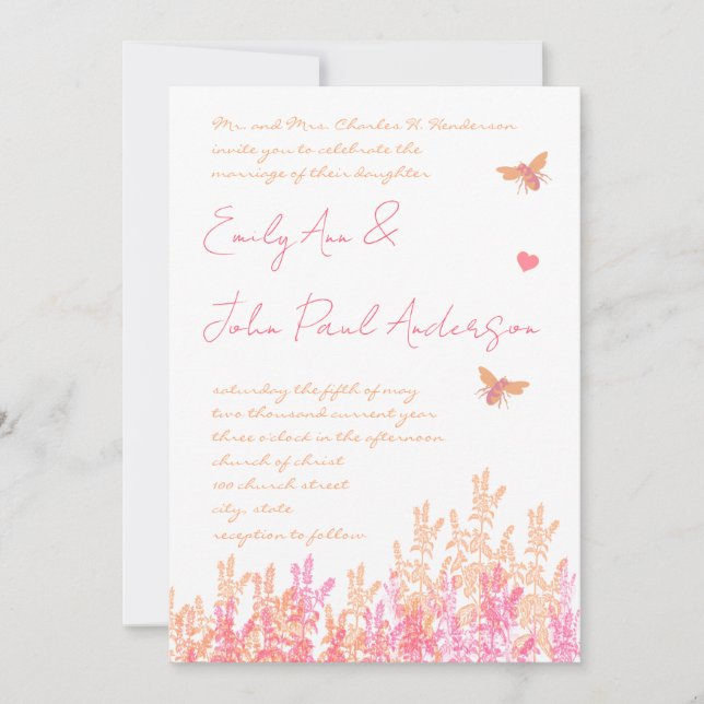 Coral & Fuchsia Flower Bumble Bee Wedding Invites (Front)