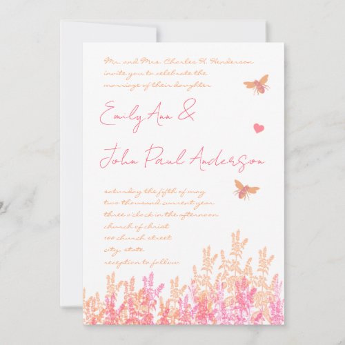 Coral  Fuchsia Flower Bumble Bee Wedding Invites