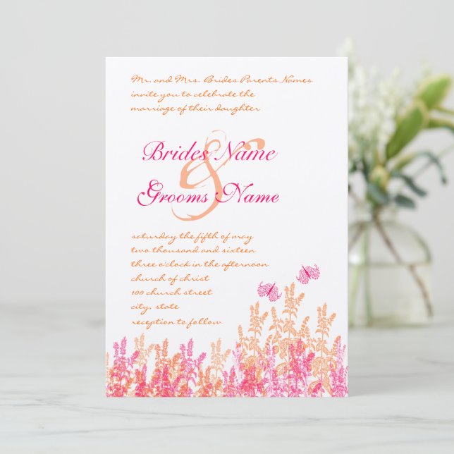 Coral & Fuchsia Flower Butterfly Wedding Invites (Standing Front)