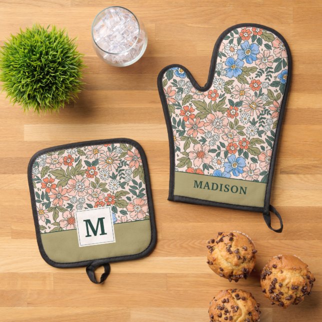 Coral Garden Flower Pattern Oven Mitt & Pot Holder Set (Top Down)