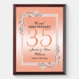Coral Gem & Glitter 35th Wedding Anniversary Award Plaque
