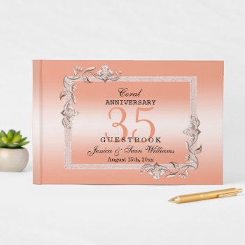Coral Gem & Glitter 35th Wedding Anniversary  Guest Book by shm_graphics at Zazzle