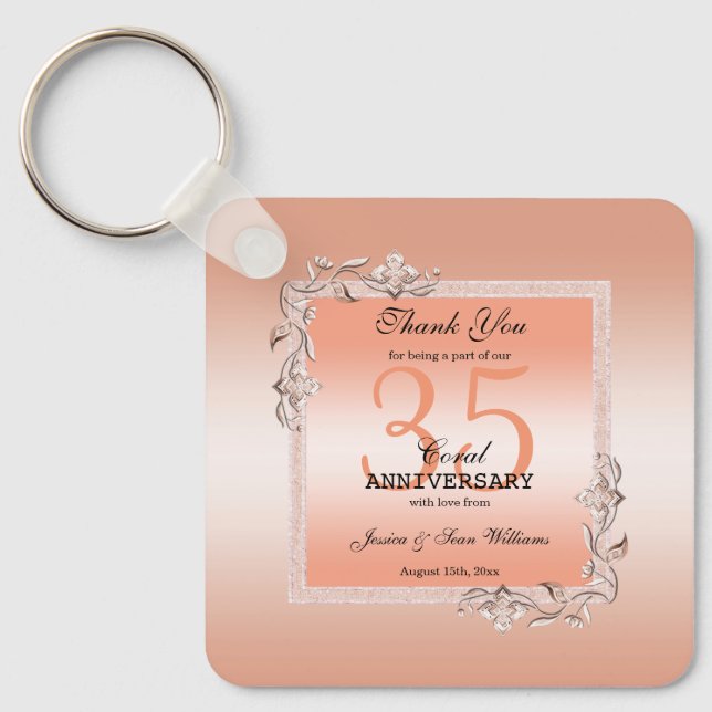 Coral Gem & Glitter 35th Wedding Anniversary Keychain (Front)