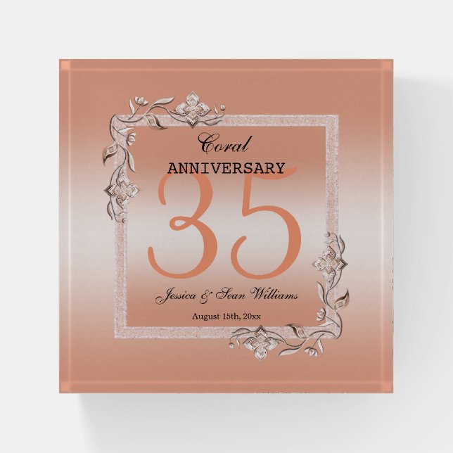  Coral Gem & Glitter 35th Wedding Anniversary   Paperweight (Front)