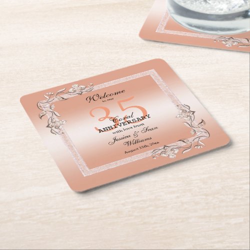 Coral Gem & Glitter 35th Wedding Anniversary Square Paper Coaster