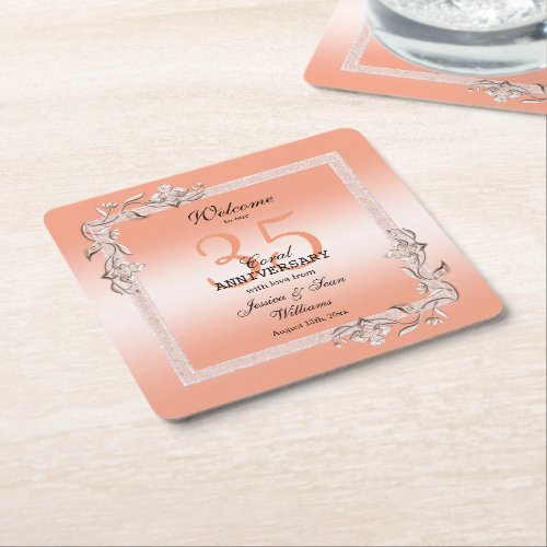  Coral Gem  Glitter 35th Wedding Anniversary   Square Paper Coaster