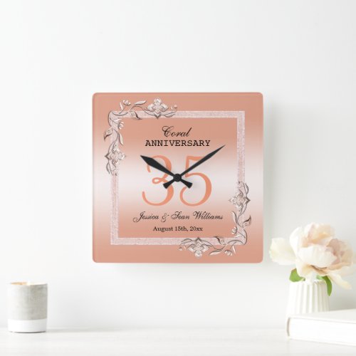 Coral Gem & Glitter 35th Wedding Anniversary Square Wall Clock