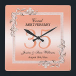 Coral Gem & Glitter 35th Wedding Anniversary  Square Wall Clock<br><div class="desc">Glamorous and elegant posh Coral 35th Wedding Anniversary wall clock with stylish coral gem stone jewels corner decorations and matching colored glitter border frame printed on a pretty coral colored background. A romantic design for your celebration. All text, font and font color is fully customizable to meet your requirements. If...</div>