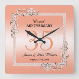Coral Gem & Glitter 35th Wedding Anniversary Square Wall Clock