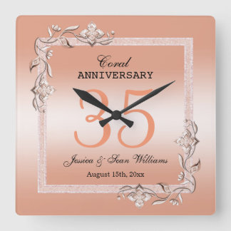  Coral Gem & Glitter 35th Wedding Anniversary  Square Wall Clock