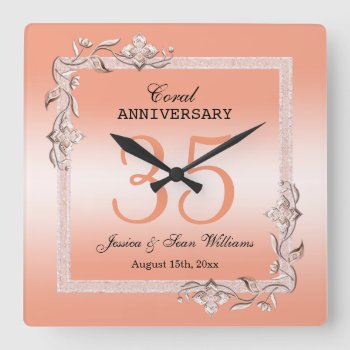 Coral Gem & Glitter 35th Wedding Anniversary  Square Wall Clock by shm_graphics at Zazzle