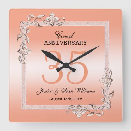 Coral Gem & Glitter 35th Wedding Anniversary  Square Wall Clock