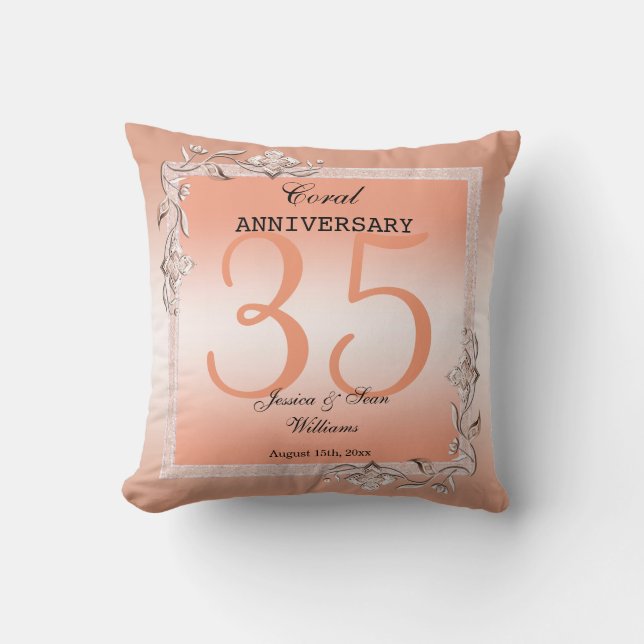  Coral Gem & Glitter 35th Wedding Anniversary  Throw Pillow (Front)