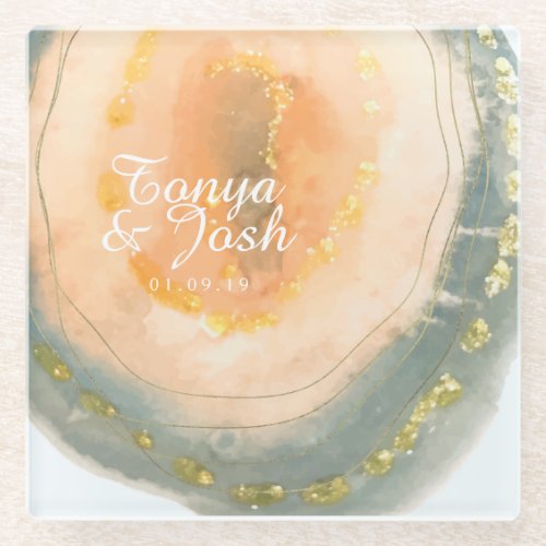 Coral Geodes Agate Hand Watercolor Wedding Glass Coaster