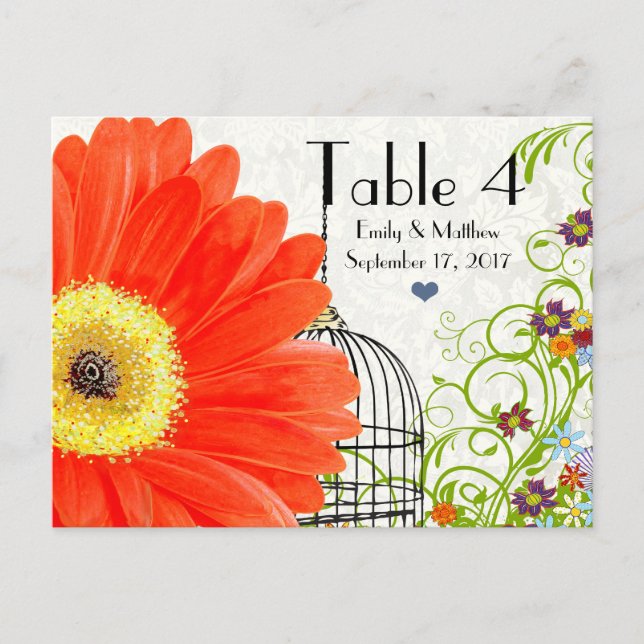 Coral Gerber Daisy Bird Cage Floral Table Number (Front)