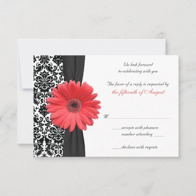 Coral Gerber Daisy Damask Wedding Reply Card REV (Front)