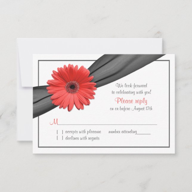 Coral Gerber Daisy Grey Ribbon Wedding RSVP (Front)