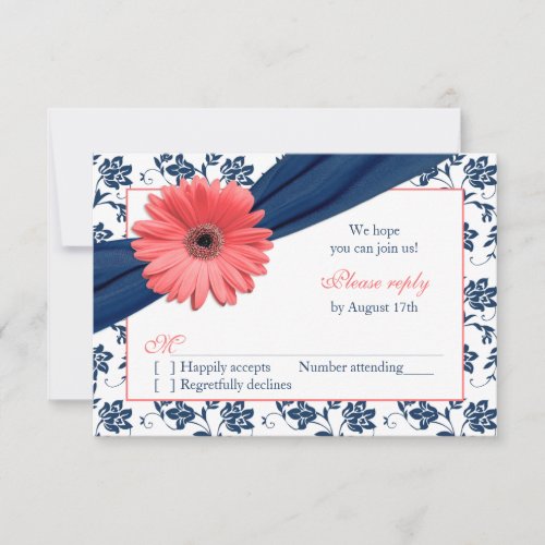 Coral Gerber Daisy Navy Damask Floral Wedding RSVP