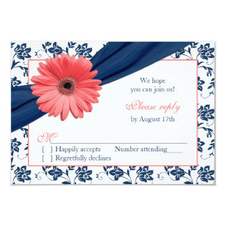 Coral Gerber Daisy Navy Damask Floral Wedding RSVP Card