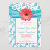 Coral Gerbera Daisy Aqua Floral Wedding Invitation (Front/Back)
