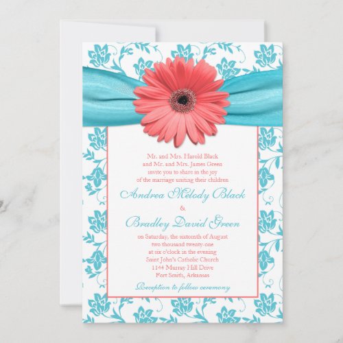 Coral Gerbera Daisy Aqua Floral Wedding Invitation