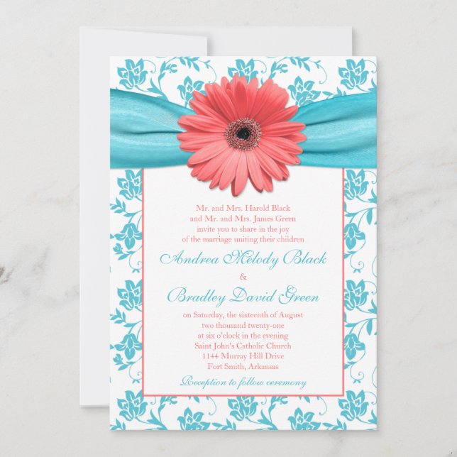 Coral Gerbera Daisy Aqua Floral Wedding Invitation (Front)