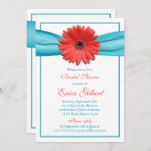 Coral Gerbera Daisy Aqua Ribbon Bridal Shower Invitation (Front/Back)