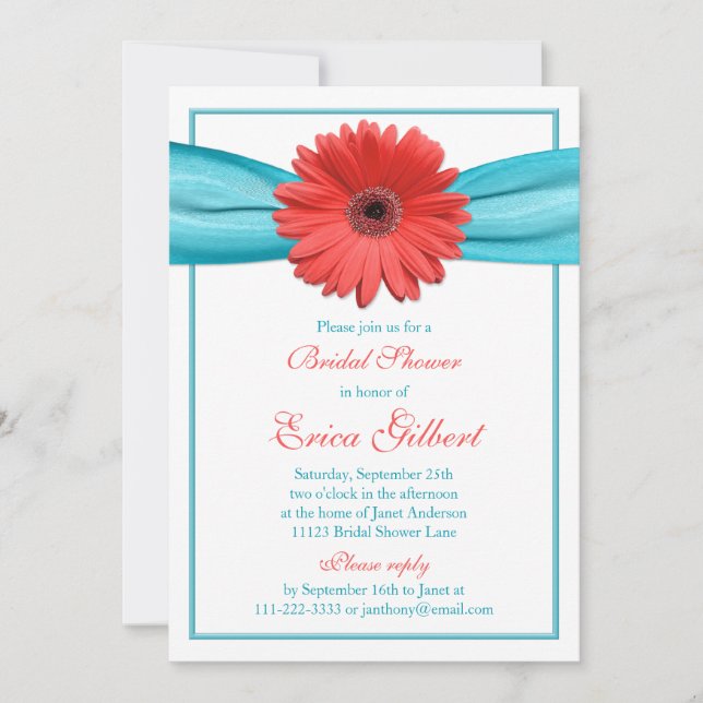 Coral Gerbera Daisy Aqua Ribbon Bridal Shower Invitation (Front)