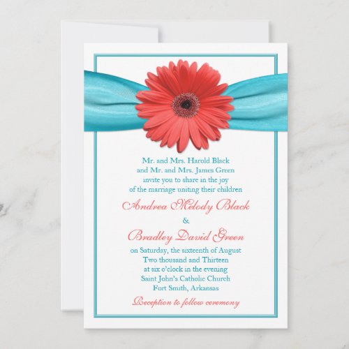 Coral Gerbera Daisy Aqua Ribbon Wedding Invitation