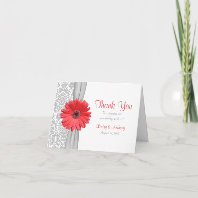 Coral Gerbera Daisy Gray Damask Wedding Thank You Card (Front)