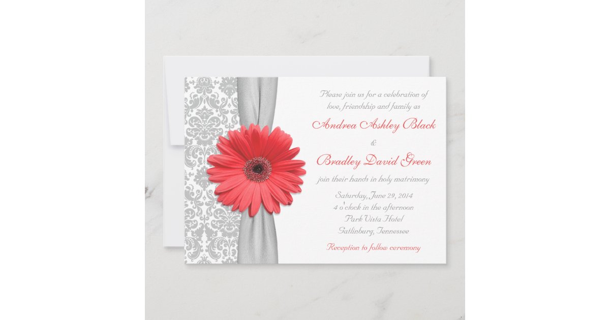 Coral Gerbera Daisy Grey Damask Wedding Invitation | Zazzle