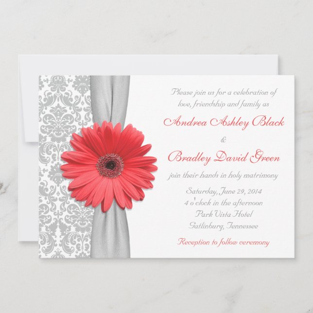 Coral Gerbera Daisy Grey Damask Wedding Invitation (Front)